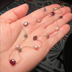 Vintage Garnet Pearl Silk Thread Floating Beaded 925 Sterling Silver Necklace